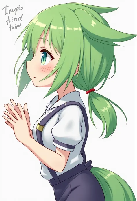  1 girl, Zundamon, voice box with a loose jaw , green hair,  blush sticker ,   animal ears, white shirt,  short sleeve,  long hair, suspender  shorts, shorts,  puffy sleeve ,   low ponytail, hair ear , masterpiece, top quality,  so beautiful,   is ridiculo...