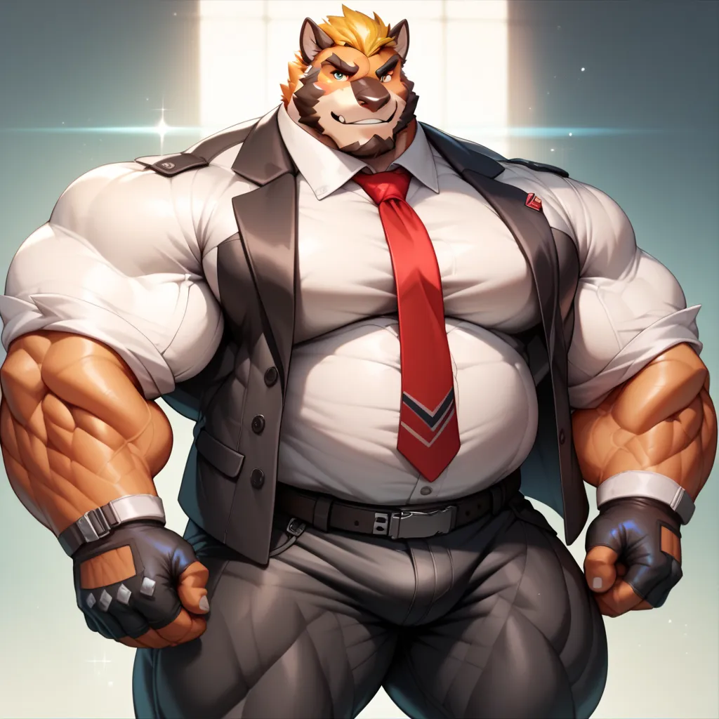 a anthropomorphic wolf with a big giant musclegut tall wide body with big fat belly using black suit jacket, white shirt, red tie, black glove, black pants. standing still, solo, very big, very tall, very wide, very muscular, very fat, big belly, fat chubb...