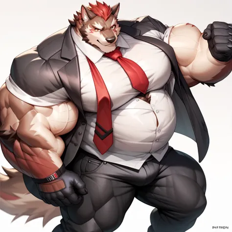 a anthropomorphic grey wolf with a big giant musclegut tall wide body with big fat belly using black suit jacket, white shirt, red tie, black glove, black pants. standing still, solo, very big, very tall, very wide, very muscular, very fat, big belly, fat ...