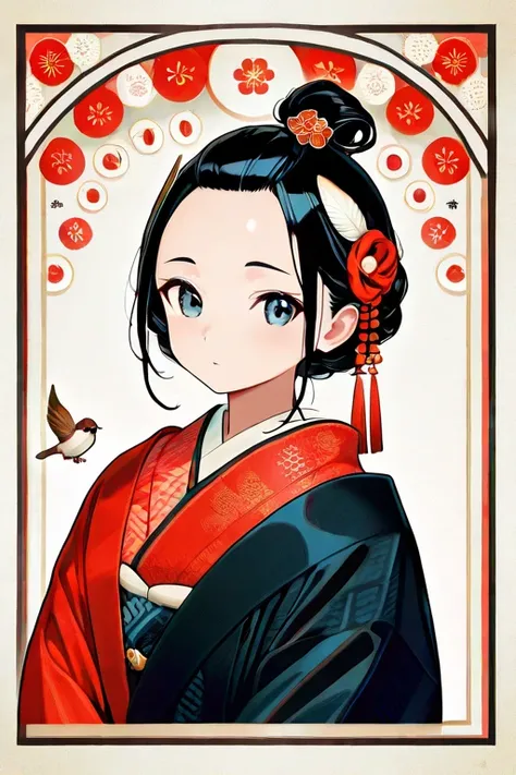 White background, Japanese courtesan with traditional Shimada mage hairstyle styled as Fukura Suzume. The hairstyle features a rounded and voluminous topknot with a high central volume, gracefully curving outward on both sides, resembling the fluffed feath...