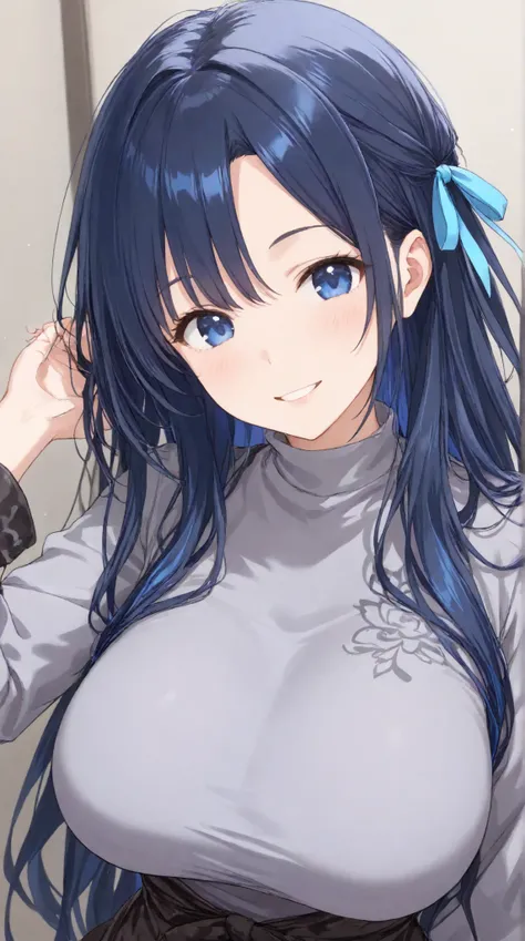 Big Breasts,   long hair,   black hair , bangs,    ,  smile,  ,  smiles,   , （One girl 1.5）, blue hair ribbon、（ 1.5）solo, 