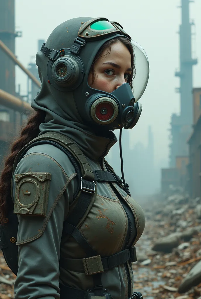 A girl wearing protectective gear or suit for air pollution and the background is pollution like in the future just half body 