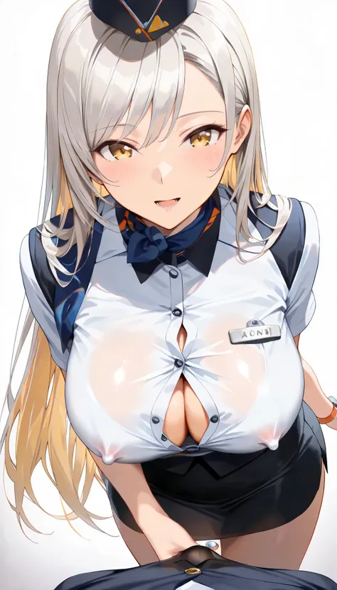 (( masterpiece,  top quality)), ( 1 sexy flight attendant girl), (Alone), ( focused on women), (stupid hair, Gray Hair,  very long hair),  blond eyes ,   light smile,  Open Your Mouth, ((flight attendant uniform, transparent), ( buttoned shirt ), ( button ...