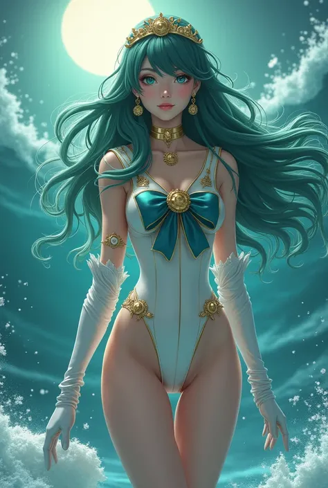 Full: 1.3, stand, masterpiece, 3D, realistic, ultra micro photography, top quality, ultra-detailed CG Unity 8K wallpaper, from below, with intricate details, (1 woman), 28 years old, (sailor neptune:1.4,sailor senshi uniform:1.4,meishaonv),Long wavy dark g...