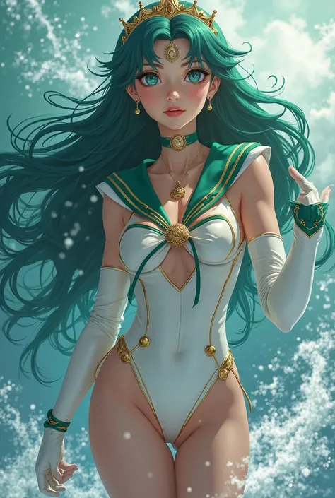 Full: 1.3, stand, masterpiece, 3D, realistic, ultra micro photography, top quality, ultra-detailed CG Unity 8K wallpaper, from below, with intricate details, (1 woman), 28 years old, (sailor neptune:1.4,sailor senshi uniform:1.4,meishaonv),Long wavy dark g...