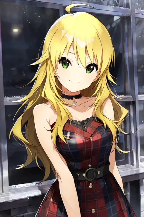  1 girl, Alone, 
Hoshii Miki ,  long hair,  
( Masterpiece、 top quality、 very well detailed:1.5),  one girl, chest, smile,   Looking Viewer , so beautiful,
(tartan dress,choker, bare arms, bare shoulders:1.3),skirt