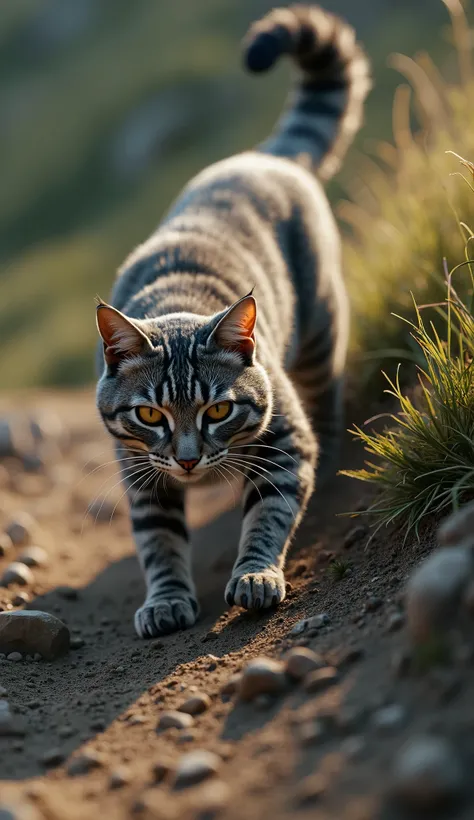 A hyper-realistic cat descending stealthily from a hill, its front paws on even ground while its hind legs remain on the slope, emphasizing the height difference. The positioning of its hind legs highlights the elevation, adding depth and realism to its mo...