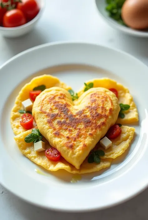 Heart-shaped omelet with colorful ingredients on a white plate on a minimalist table 