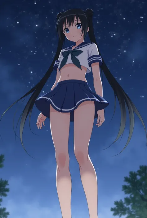 ((Best Quality)), ((masterpiece)), (detailed),Night Scenery,nsfw1.9、Front view of the whole body,(Large Breasts) ,Perfect Face,pretty girl、Long and supple hair、Twin tails,Black beautiful hair、Dynamic pose 1.7,Japanese idol girls,whole bodyに汗を掻く,smile,Embar...