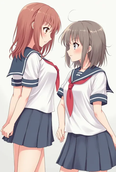 super fine illustration,masterpiece,best quality,ultra detailed,2girls,yuri,look at each other,eye contact,(sheer sailor school uniform:1.4),short sleeves,(covered nipples:1.1),breasts press against breasts,large breasts,medium hair,blush,shy,（super beatif...