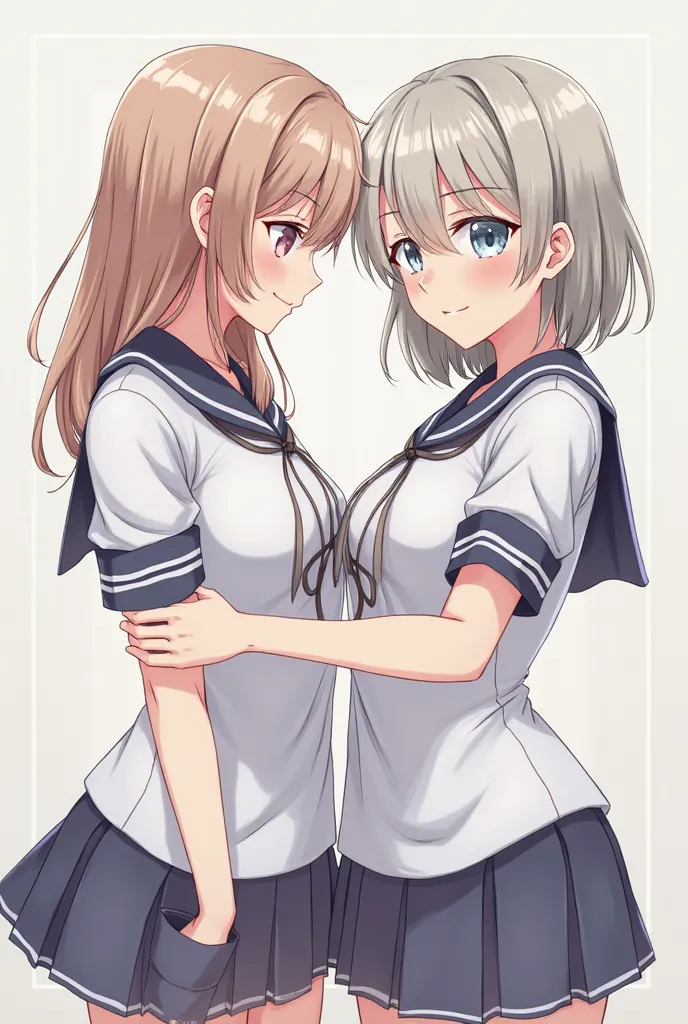 super fine illustration,masterpiece,best quality,ultra detailed,2girls,yuri,look at each other,eye contact,(sheer sailor school uniform:1.4),short sleeves,(covered nipples:1.1),breasts press against breasts,large breasts,medium hair,blush,shy,（super beatif...