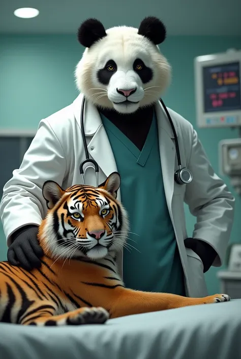 Panda pose wearing doctor's shirt in hospital with tiger patient