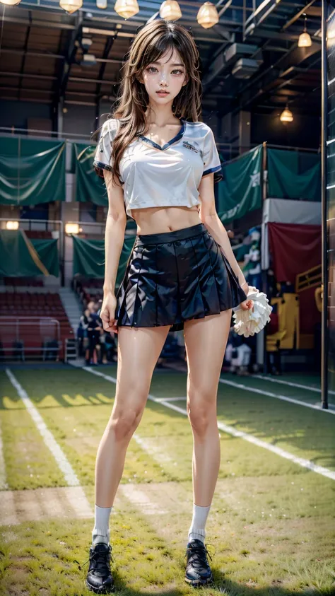 A beautiful young Japanese woman, 20 years old, with perfect anatomy, healthy thighs, beautiful feet, flawless skin, random hair color and style, large bust, (she is standing:1.2), wearing a cheerleader uniform with micro-pleated miniskirt, in a full body ...