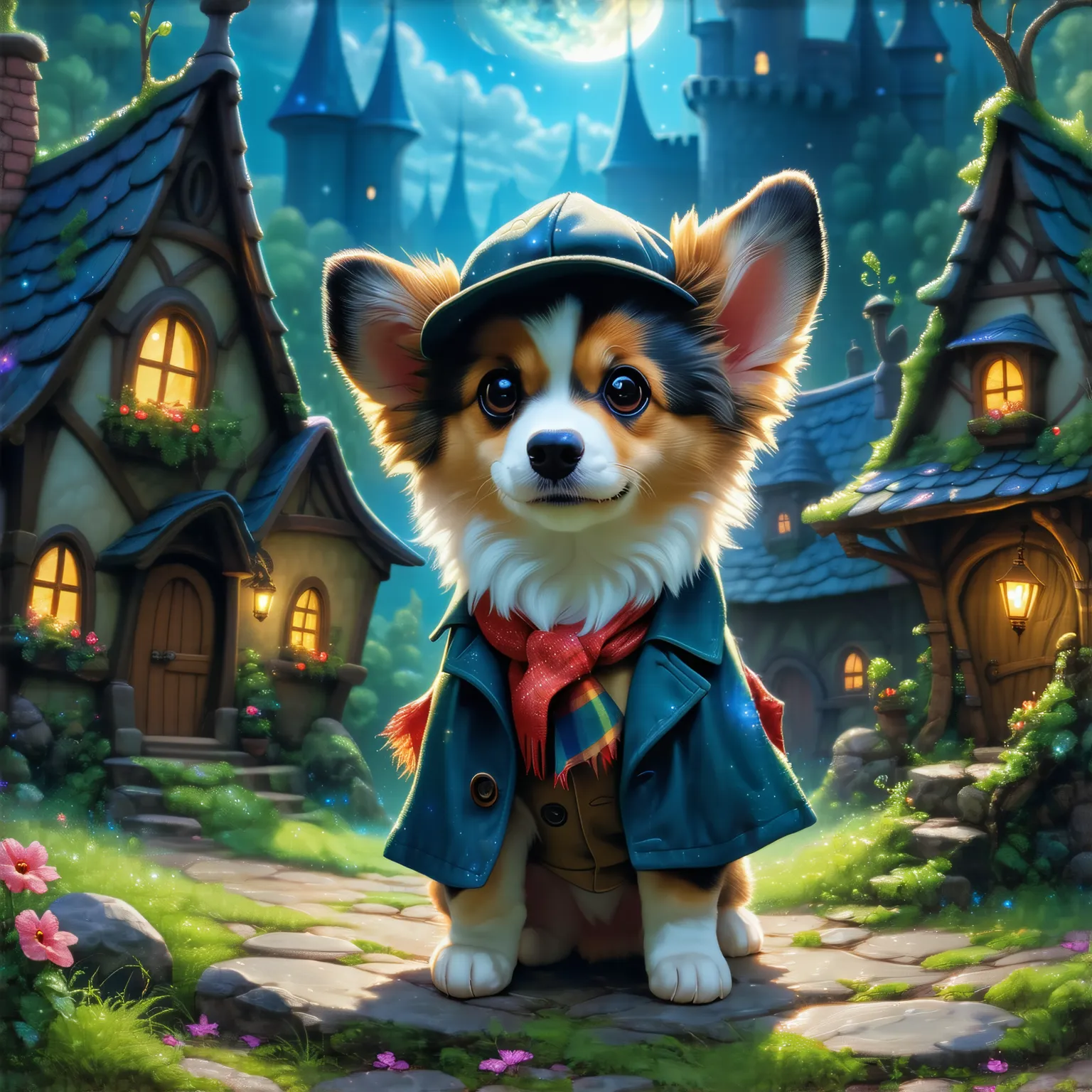 high resolution, rich contrast, best quality, intricate, dog, Detective,  fantasy,  magic , fairy tale village, Mysterious Incident ,  Fluffy Background,  glitter, Cute animals,  Picture Book Style Touch 