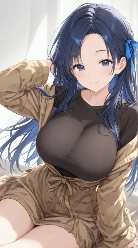 Big Breasts,   long hair,   black hair , bangs,    ,  smile,  ,  smiles,   , （One girl 1.5）, blue hair ribbon、（ 1.5）solo, 