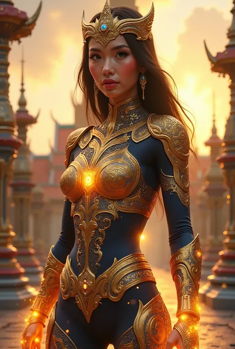 A powerful and elegant female superhero inspired by Thailand, wearing a stunning battle suit infused with Thai cultural elements. Her armor is sleek and form-fitting, featuring intricate golden patterns resembling traditional Thai art and the architecture ...