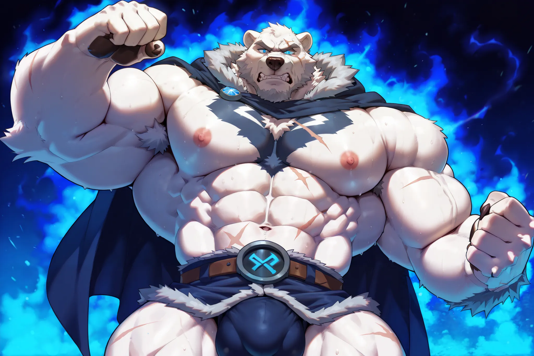 score_7_up, score_8, score_9, correct anatomy, ((detailed eyes)), high resolution, hyper-detailed,
((solo)), male, white fur, polar bear, 
((massive size difference)), ((10 feet tall)), muscle, massive, big muscle, massive muscle, dominant, rough, abs, eig...