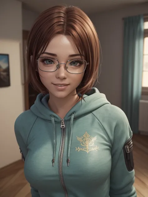  close-up,  upper body . Short,  red hair,  green eyes,  diopter glasses with metal frames, green hoodie with zip,  large second-size breast, smiling  girl in the bedroom. ( Masterpiece ,  top quality,  best quality,  official art ,  beautiful and aestheti...