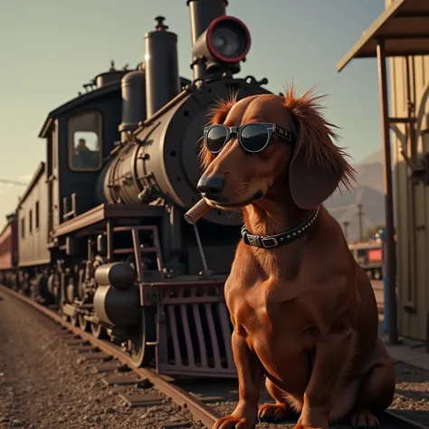  Time Machine on the steam locomotive appearing in the movie Back To The Future 3 、 car body has 「The JTX 」On the 、Next to that is Marty looking like a Western movie 、 Marty is dachshund smoothhaired brown、 he is wearing sunglasses and smoking a cigar 