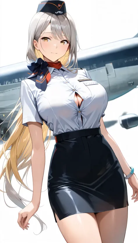 (( masterpiece,  top quality)), ( 1 sexy flight attendant girl), Japan airlines, (Alone), ( focused on women), (stupid hair, Gray Hair,  very long hair),  blond eyes ,   light smile,  Open Your Mouth, ((flight attendant uniform, transparent), ( buttoned sh...