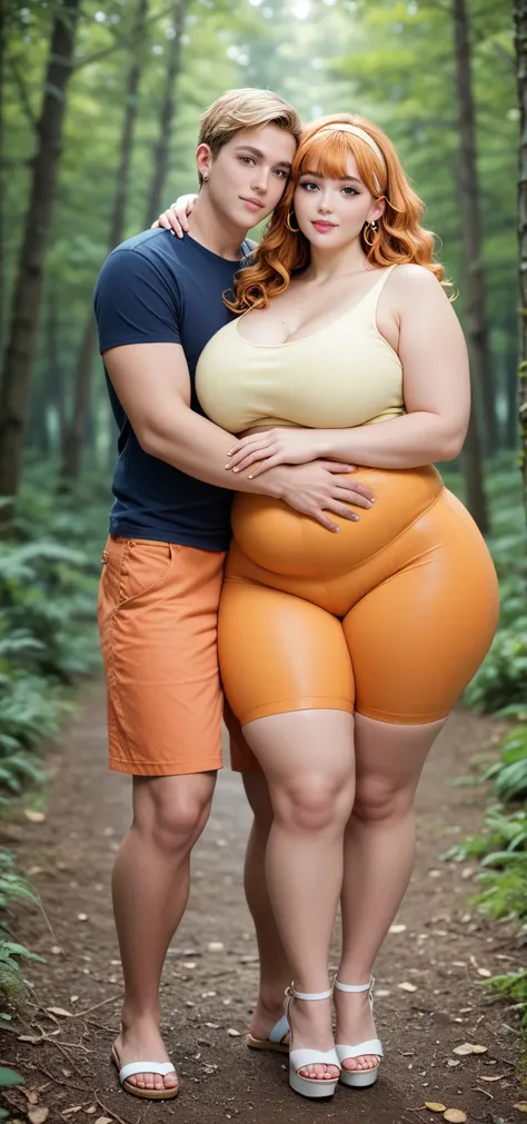 plus size women, full body, 20 years old, chubby, big breast, big hips, big thigh, big ass, very beautiful face, pink lips, light orange hair color, wavy hair style with bangs, light yellow head band, gold earring jewelry, tight light yellow tanktop, a man...