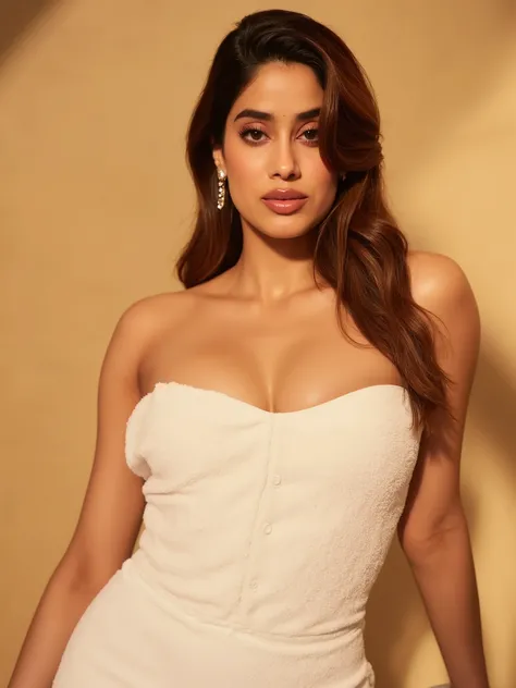  Generated images with the prompt: 'Jhanvi Kapoor in different poses, wearing a white towel dress, with glowing, oiled skin, big boobs exposing little in a warm, softly lit background'