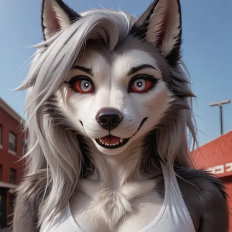 A highly detailed pov illustration of (((realistic furry, anthro white wolf, female wolf, black makeup, white eyes with red sclera, silver hairs, black ears, sensual, loona, claws, ultra realistic, slim anthro,(white pupils), small wolf's chin, cute female...