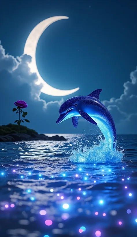  iridescent crescent moon 、 fluorescent blue sea firefly 、 beach、1 purple rose , jumping shiny dolphin、 Supreme Masterpiece,8k