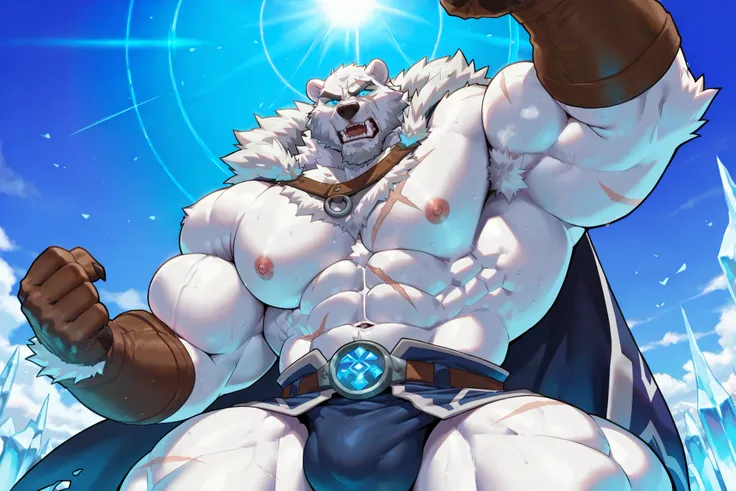 score_7_up, score_8, score_9, correct anatomy, ((detailed eyes)), ((highly detailed eyes)), high resolution, hyper-detailed,
((solo)), male, white fur, polar bear, 
((massive size difference)), ((10 feet tall)), muscle, massive, big muscle, massive muscle,...