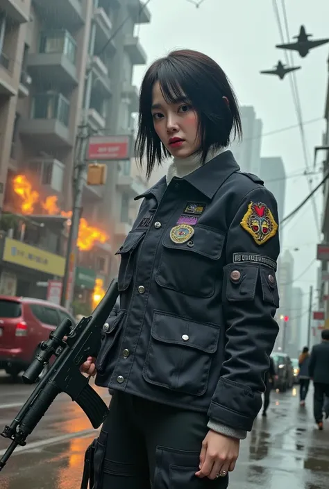 8 k quality ,Realistic cinematic photos , heavy rainy day ,a beautiful Korean woman with smooth white skin ,short tied hair, wearing a black jacket with many pockets rolled up at the elbows decorated with various patches, black boots , black cargo pants ri...