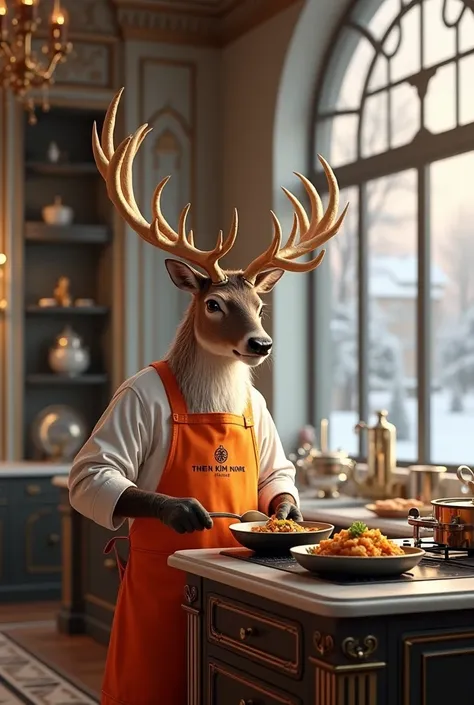 The reindeer is wearing an orange apron with an embroidered Thien Kim Home logo cooking in a luxurious house