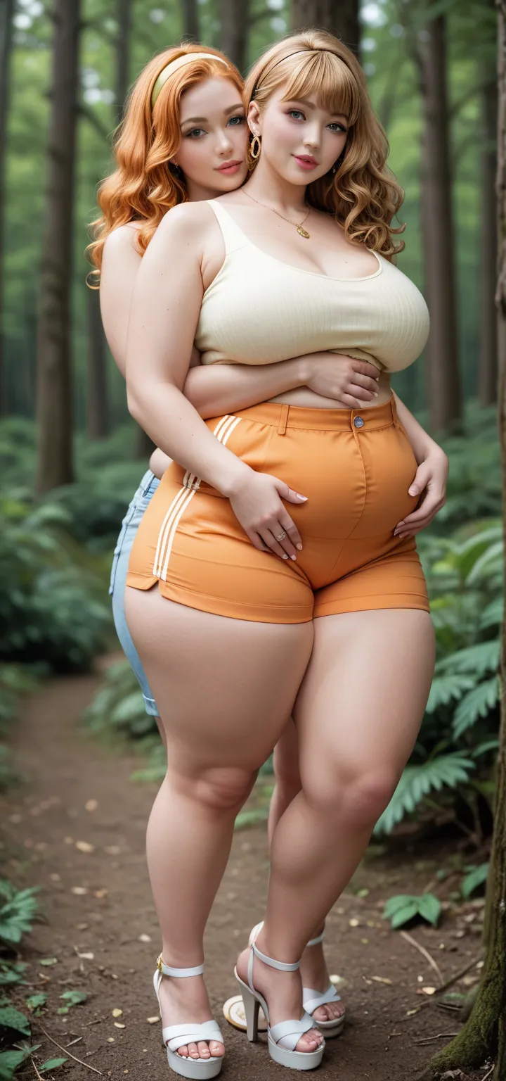 plus size women, full body, 20 years old, chubby, big breast, big hips, big thigh, big ass, very beautiful face, pink lips, light orange hair color, wavy hair style with bangs, light yellow head band, gold earring jewelry, tight light yellow tanktop, a man...