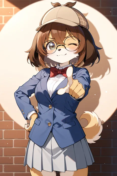 1girl, (dog girl, dog detective:1.2), edogawa conan cosplay, furry female, brown eyes, one eye closed, blush, smiling, dog ears, brown hair, breasts, navy blue jacket, red bowtie, white shirt, gray pleated skirt, eyewear, deerstalker, light particles, cowb...