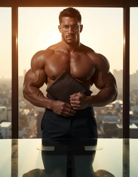 Masterpiece, Accurate, Award Winning, Best Quality, Extremely Detailed, 8K, HD, Super-Resolution, Cinematic Lighting, F/11 Depth Of Field, Photorealistic, Full Coloured, Shot on 70mm, 5D. A ((handsome, muscular Balinese man)) stands at the head of a ((mode...