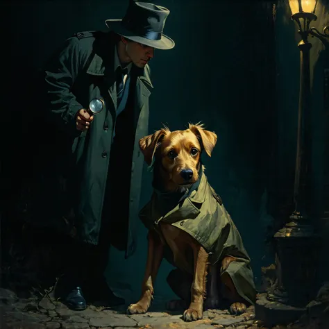 high resolution, rich contrast, best quality, intricate, dog, Detective,  trench coat, Sherlock Holmes style, magnifying glass , hat, Crime Scene, Dark Alley,  lamp light,  mysterious ,  Film Noir ,  is cool