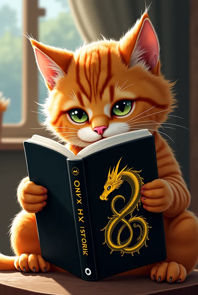 Generate a cat crying while reading Onyx Storm by Rebecca Yarros
Make the book cover black with a black and yellow dragon picture on it. Put a book shelve in the cat back. ONYX STORM should be written on the book black cover