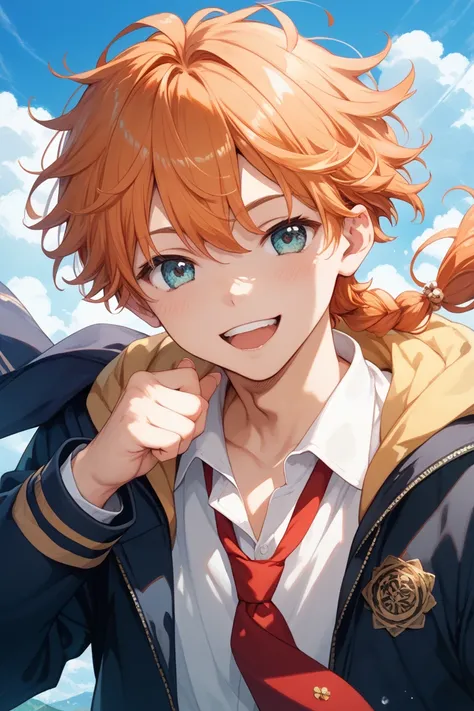 元気でsmileが可愛い男の子　 cute face 　First year high school student　 orange hair　 the wind is blowing　 center split　A boy with hair tied at one side 　smile　 double teeth　Emotional