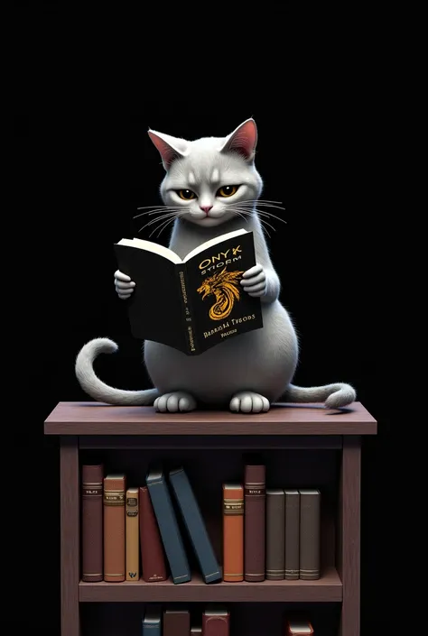 Generate a cat crying while reading Onyx Storm by Rebecca Yarros
Make the book cover black with a black and yellow dragon picture on it. Put a fictional books shelve in the cat back