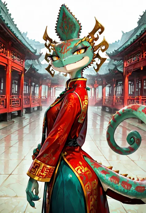  1girl:1.2 , solo, female, chameleon, tail, green-red chinese priest outfit, furry, masterpiece, best quality, amazing quality, very aesthetic, absurdres, newest, looking at the viewer, china temple, first person view, cinematic angle, close-up, portrait, ...