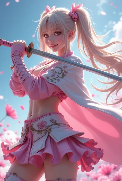  young woman, warrior,(wielding a katana_weapon:1.3), very detailedな, realistic,seductive smile,((Combat Stance:1.8)), ((shoot from above)),  Brilliant Appearance , Creative Action,  extremely detailed, Imaginative,  Sensual, spontaneous ,  top quality ,  ...