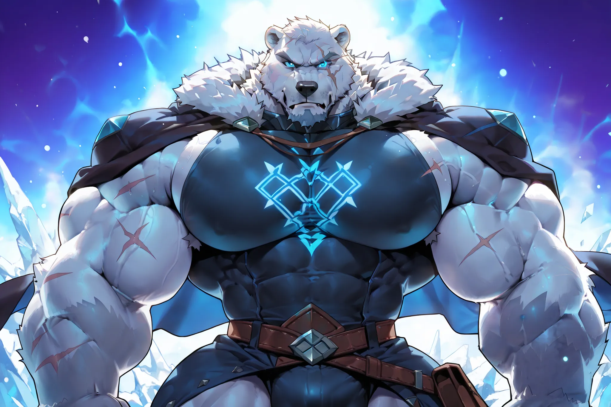 score_7_up, score_8, score_9, correct anatomy, ((detailed eyes)), ((highly detailed eyes)), high resolution, hyper-detailed,
((solo)), male, white fur, polar bear, 
((massive size difference)), ((10 feet tall)), muscle, massive, big muscle, massive muscle,...