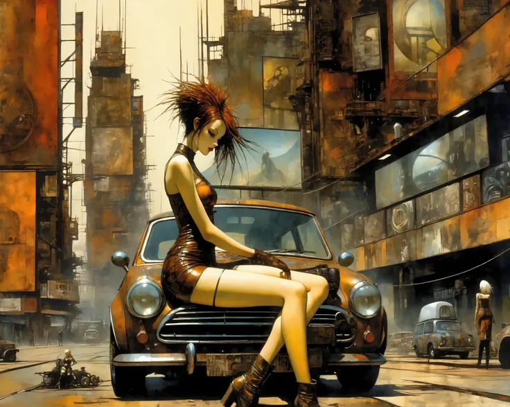  Future City Sexy Girl .1.5, Rust Metal City ,  Many details , car, building, Billboard,  Leather Mini Skirt and Very Tight Longline Blouse, ( Art Inspired by Dave Mckean ,  Intricate Details ,  Oil Painting )
