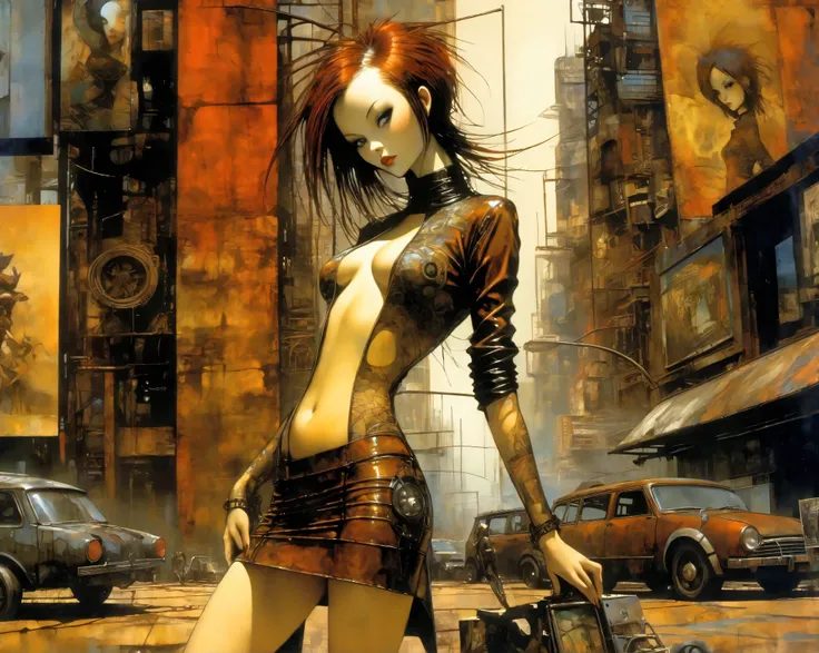  Future City Sexy Girl .1.5, Rust Metal City ,  Many details , car, building, Billboard,  Leather Mini Skirt and Very Tight Longline Blouse, ( Art Inspired by Dave Mckean ,  Intricate Details ,  Oil Painting )
