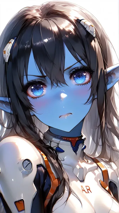 an HD Scene of a ((30 year old)) female elf with (((blue skin))) long ((black)) hair and ((blue)) eyes, wearing a (light brown) plugsuit, angry expression, at an advanced facility, high detail, high quality, best quality, 8k, masterpiece, beautiful face