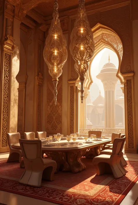 has a dining room with table and chairs and chandeliers, cgsociety 9, future persian palace, cgsociety Unreal Engine, Redshift Houdini, future. game cg, Unreal Engine Cinema 4D, Glamorous cyberpunk decor , Surreal Symmetry 8k, Rene Lalique、Eddie Mendoz...