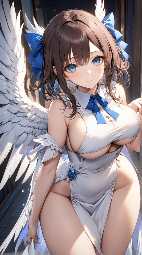 cowboy shot,  1 girl,   closed mouth, big breasts,skinny,short stature,white wings, white dress, blue bow, long brown hair, blue eyes, looking at viewer, parted bangs, bent over,top-quality,Top image quality,perfect anatomy,masterpiece,Beautiful,ultra-qual...