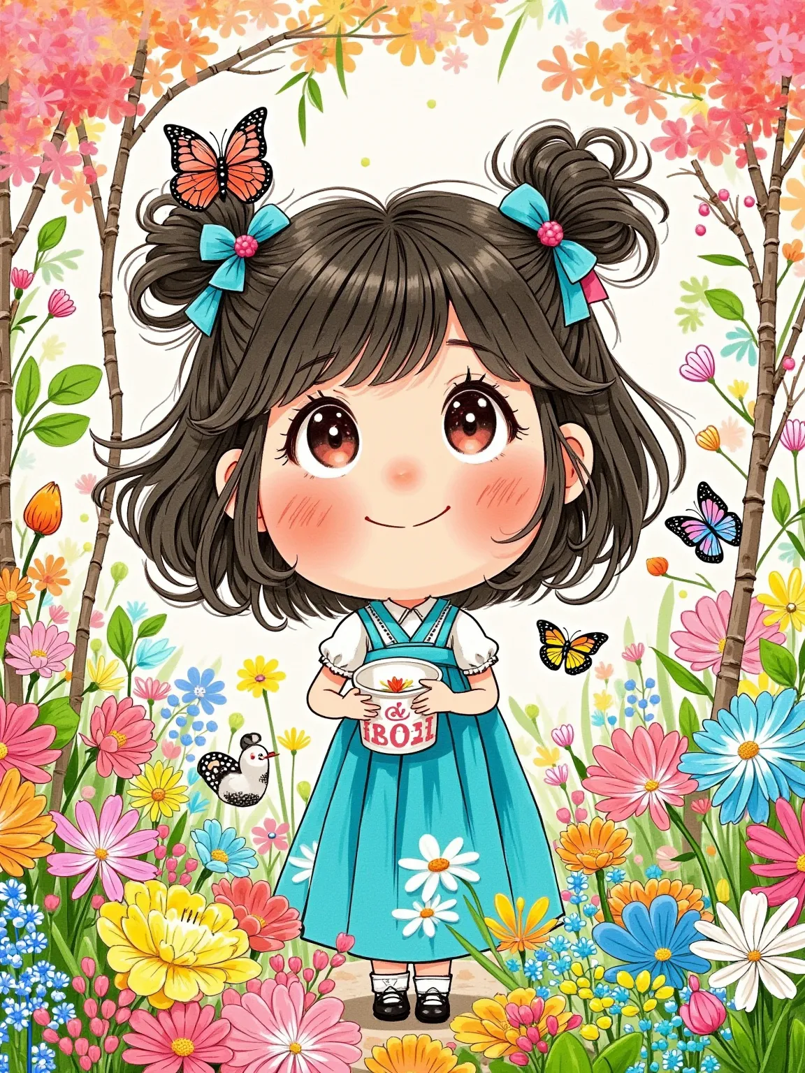  Yeoniu Choi's healing stick figure style ,  1girl , The colorful garden ,  butterflies are flying,  big eyes,  thick lashes , Slightly curly hair,  The camera focuses on the girl's face,  highlights bright eyes , Sweet and cute,  Ultra HD