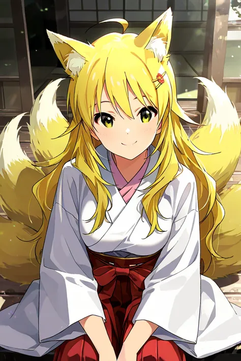  1 girl, Alone, 
Hoshii Miki ,  long hair,  
( Masterpiece、 top quality、 very well detailed:1.5),  one girl, chest, smile,   Looking Viewer , so beautiful,
(fox girl:1.1),fox ears, yellow eyes, fox tail,multiple tails, red hakama,hakama skirt, japanese clo...