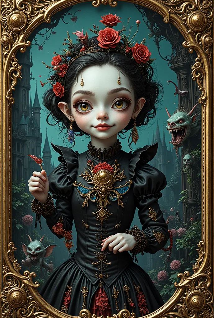 concept design sheet,   A lavish, intricately detailed Portrait elegant and graceful, depicting surreal, eerie imagery with fantastical elements and bizarre scenes in ebony and platinum, turquoise, red, blue and white tones, adorable and cute. Castle and c...