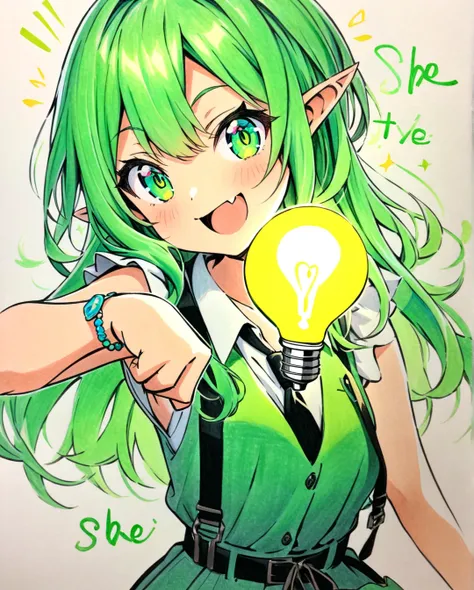 (( style:Colored pencil, Light color)), ( masterpiece:1.2),  A cheerful anime-style elf girl with long, flowing emerald green hair and bright jade green eyes playfully points towards the viewer, as if presenting an exciting idea. Her pointed elf ears peek ...